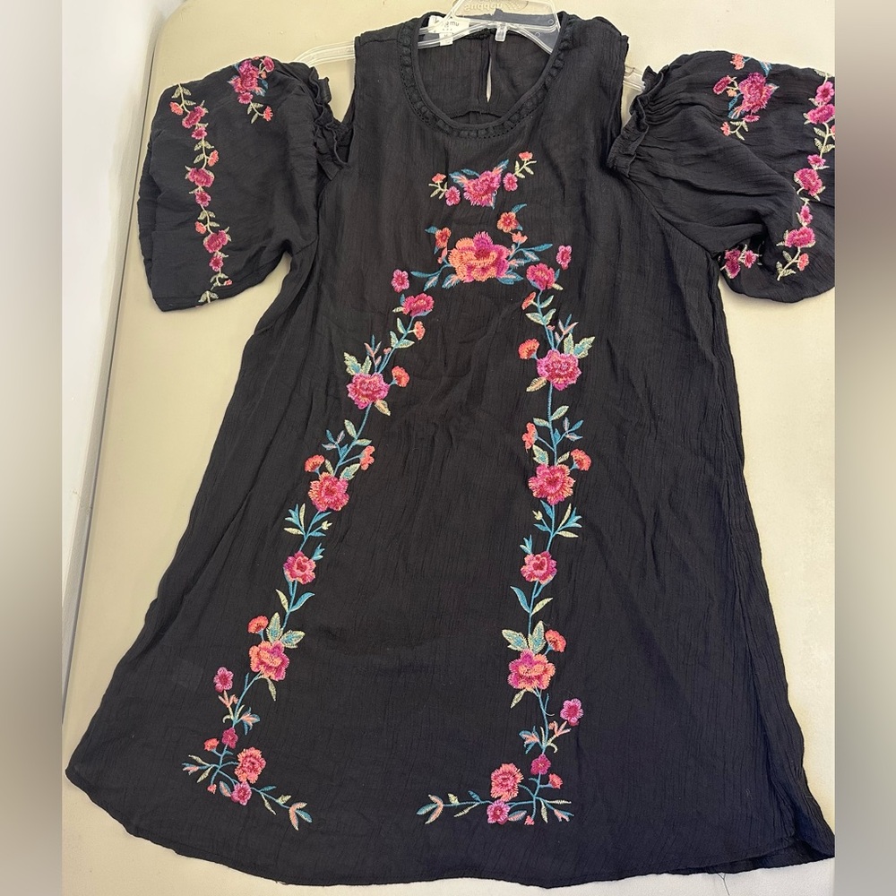 Umgee Black Boho Dress with Pink Floral Embroidery Cold Shoulder